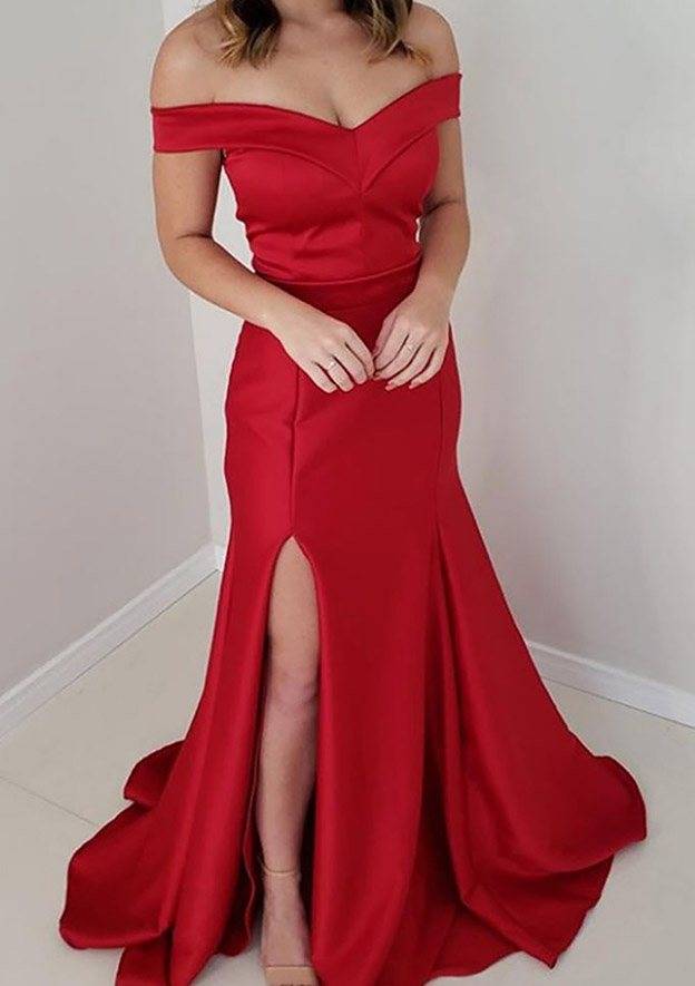 Trumpet/Mermaid Off-the-Shoulder Satin Long/Floor-Length Prom Dress/Evening Dress - Fashionpara