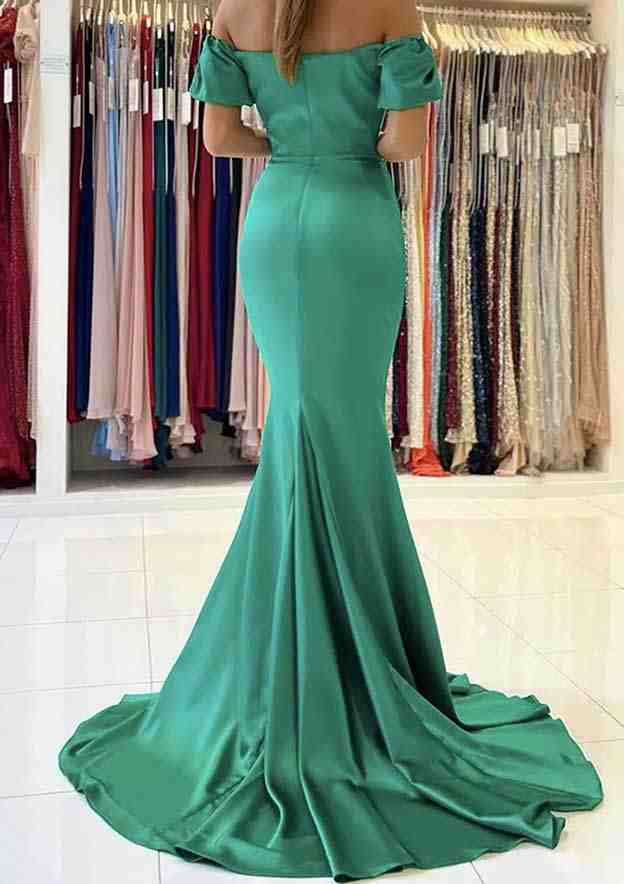 Trumpet/Mermaid Off-the-Shoulder Satin Prom Dress/Evening Dress With Pleated Sweep Train - Fashionpara