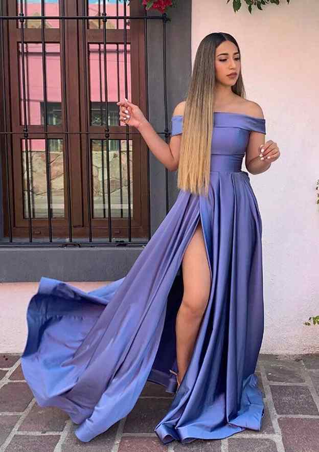 Trumpet/Mermaid Off-the-Shoulder Sweep Train Satin Prom Dress/Evening Dress With Pleated Detail - Fashionpara