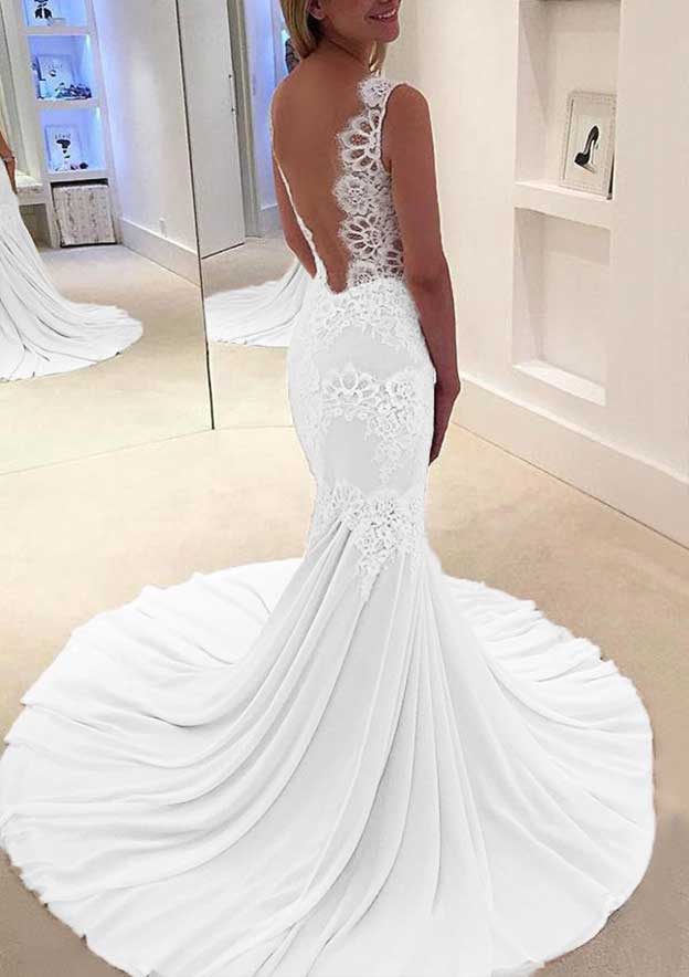 Trumpet/Mermaid Scalloped Neck Sleeveless Court Train Chiffon Prom Dress/Evening Dress - Fashionpara