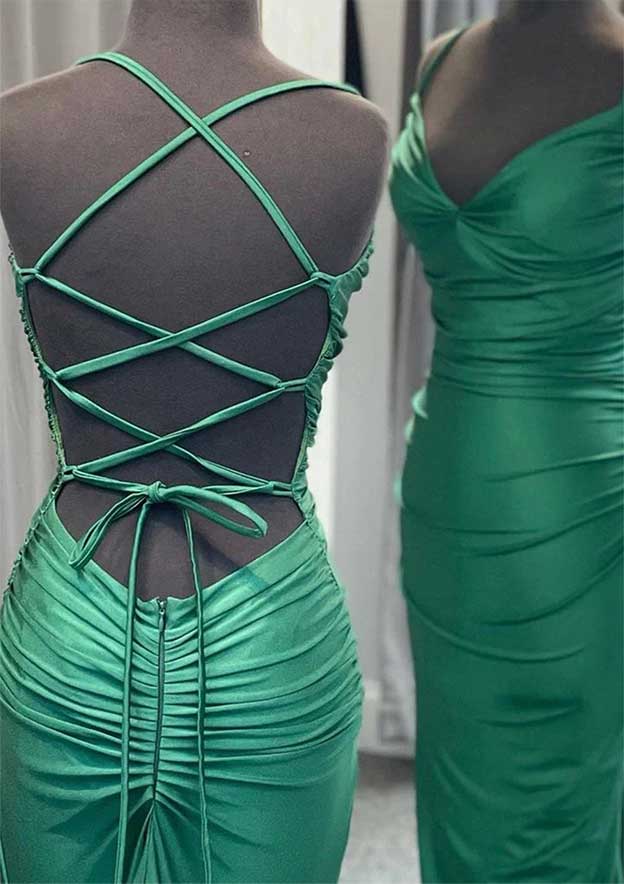 Trumpet/Mermaid V-Neck Prom Dress/Evening Dress with Pleated Sleeveless Sweep Train Jersey - Fashionpara