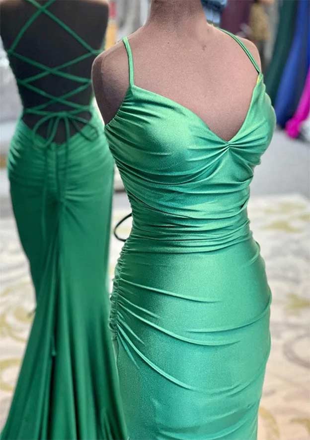 Trumpet/Mermaid V-Neck Prom Dress/Evening Dress with Pleated Sleeveless Sweep Train Jersey - Fashionpara