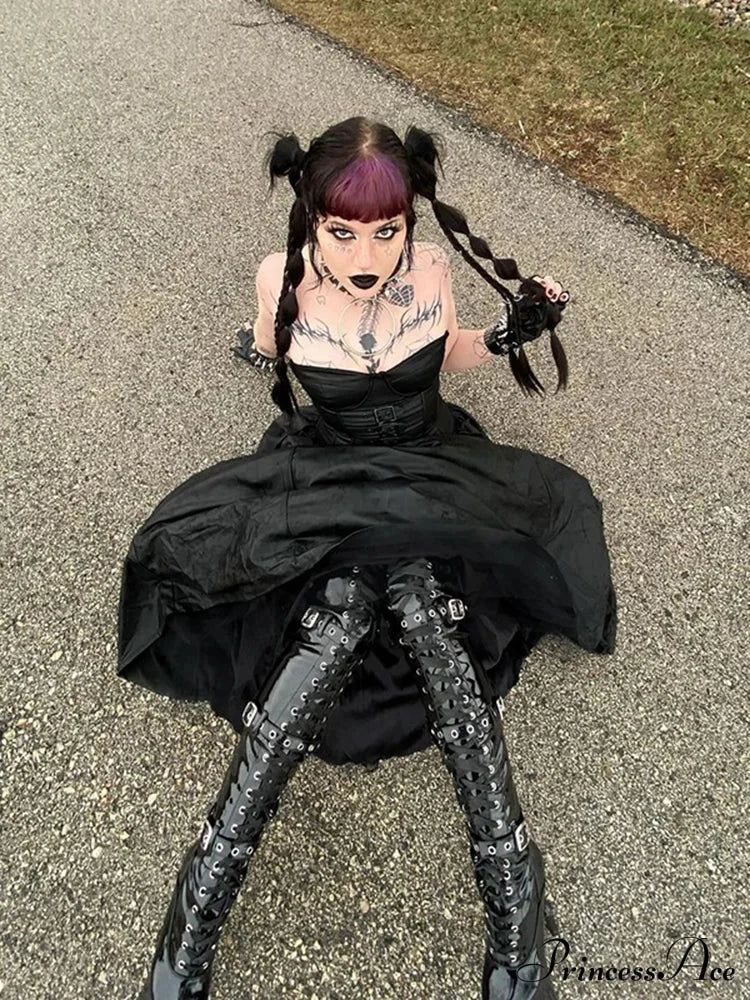 Tube Top Leather Buckle Vintage Backless Strapless Harajuku E-Girls 90s Streetwear Sexy Club Dress