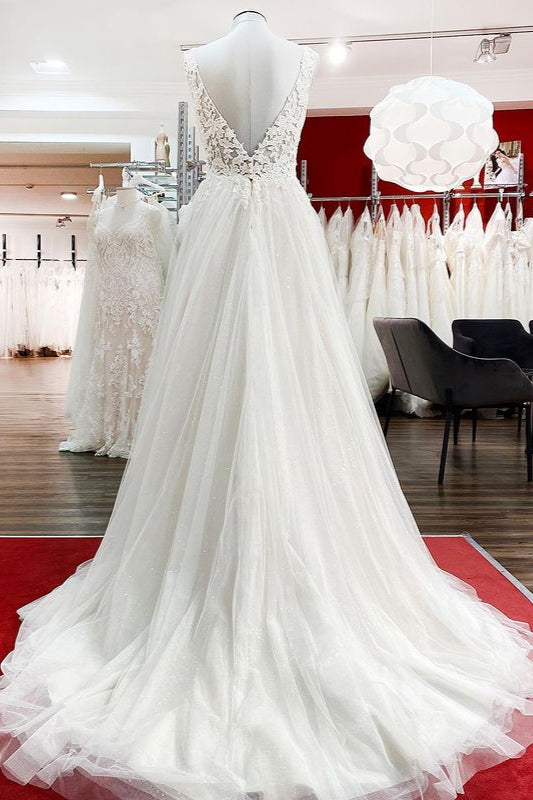 Tulle Lace V Neck White Ruffles Wedding Dresses With Lace - Fashionpara