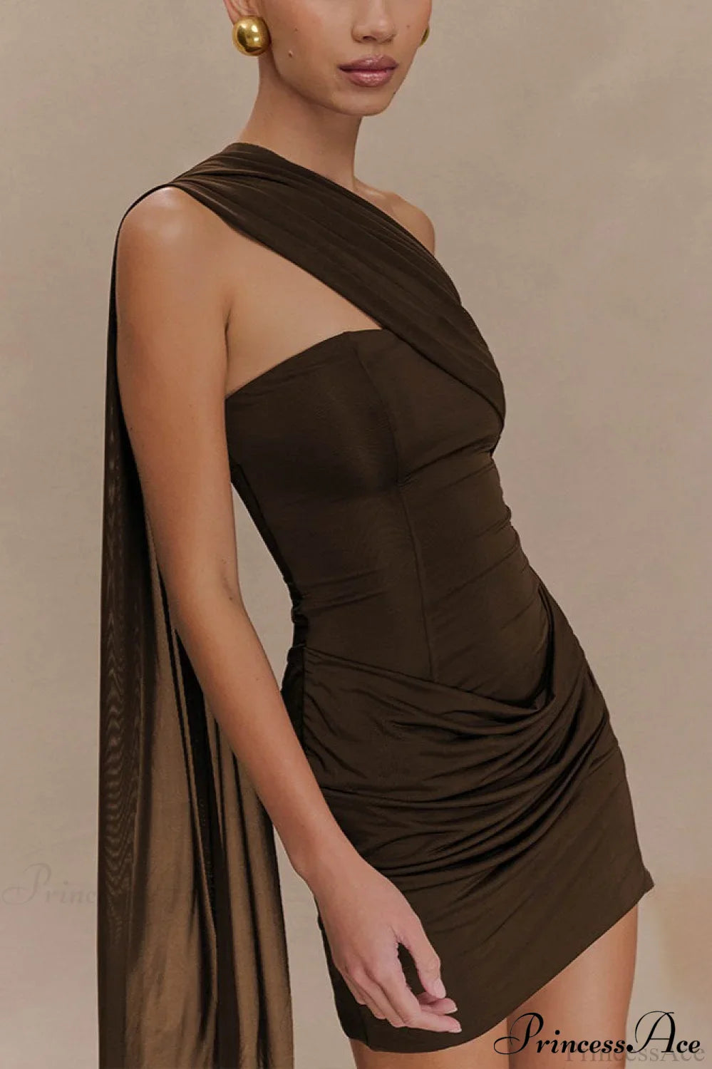 Tulle Sash Strapless Bodycon Party Dress Brown / S