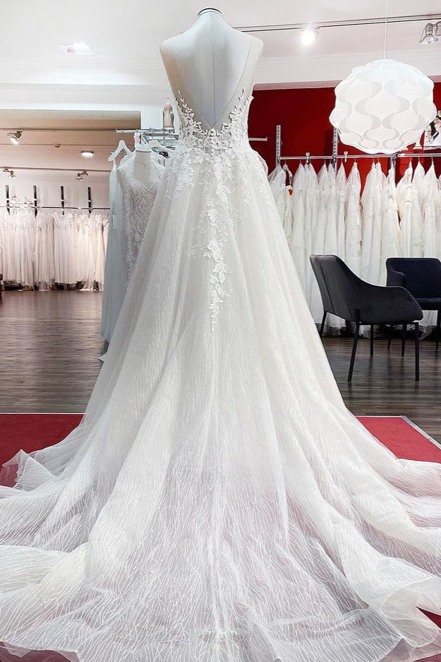 Tulle Sleevless Ruffles Jewel  A-Line Wedding Dresses With Lace Appliques - Fashionpara