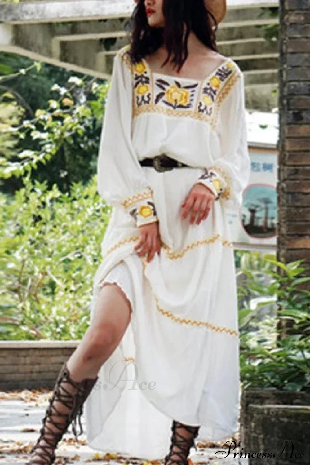 Tunic Dress Cotton Rayon Floral Embroidery Beige / One Size bohodress-250126