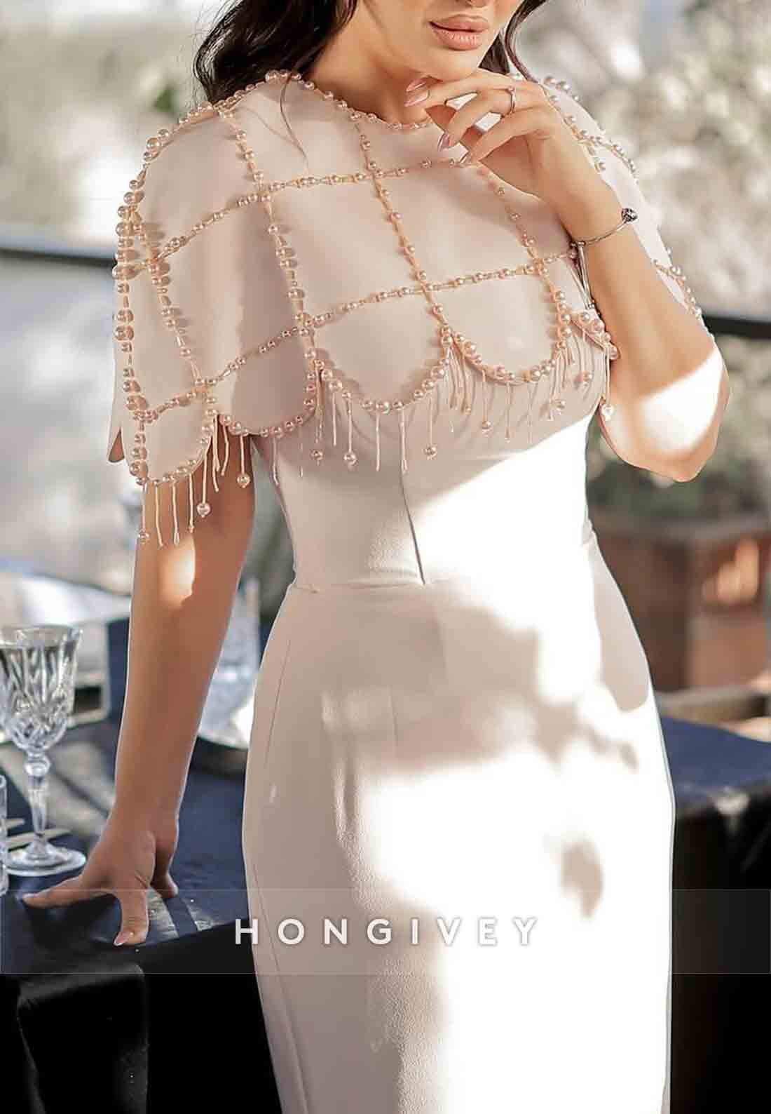 Sheath Tea-Length Pleated Evening Gown Shawl Beading Wedding Guest Dresses