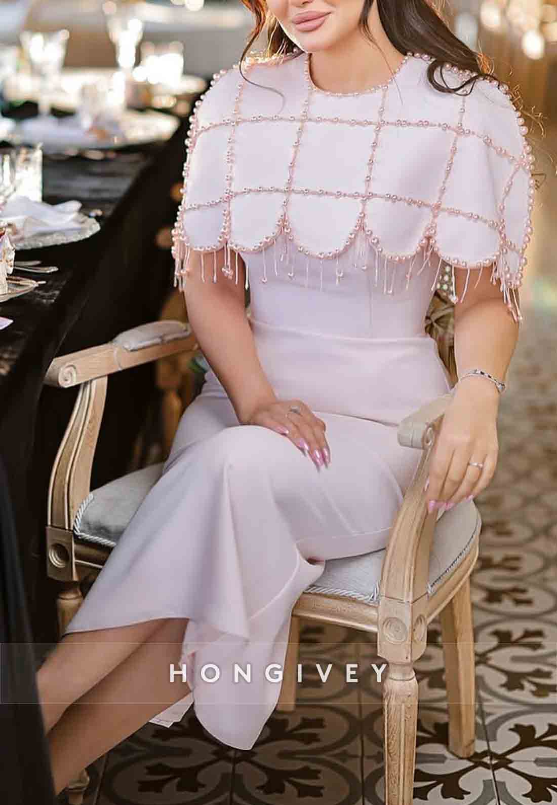 Sheath Tea-Length Pleated Evening Gown Shawl Beading Wedding Guest Dresses