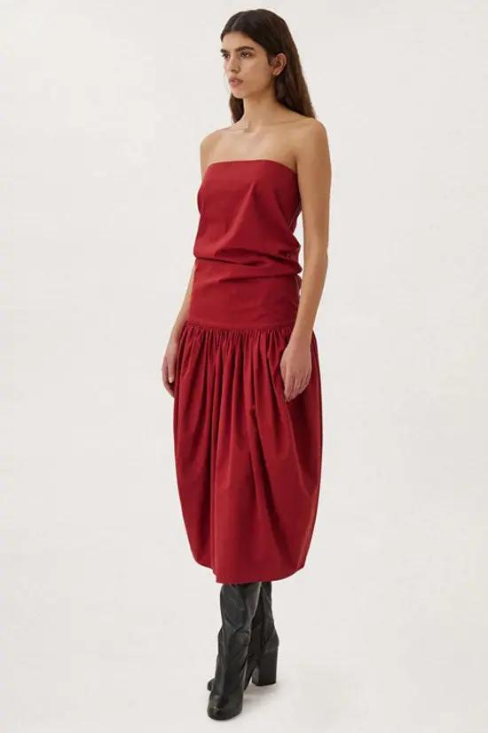 Two Way Ruched Detail Low Waist Cotton Blend Strapless Midi Dress - Red  Fashionpara