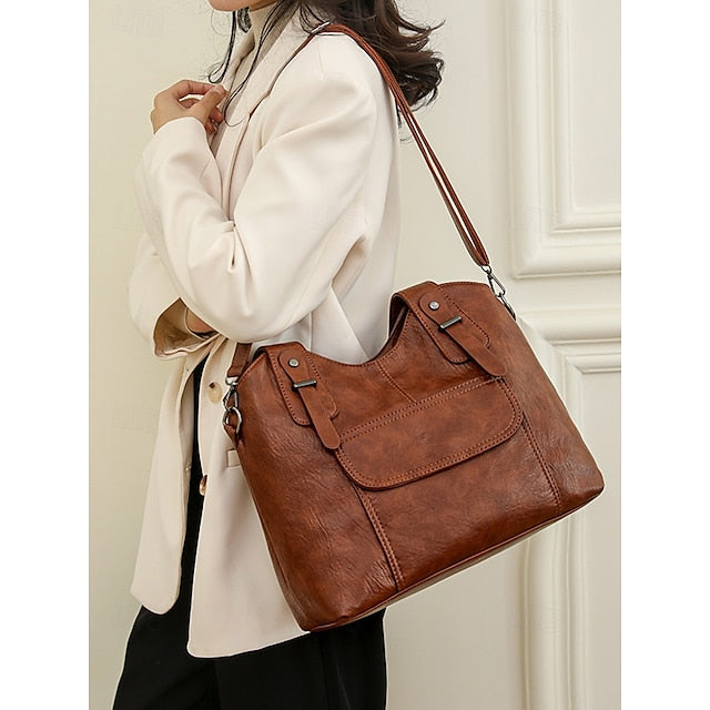 Brown Faux Bag Leather Tote with Vintage Dual