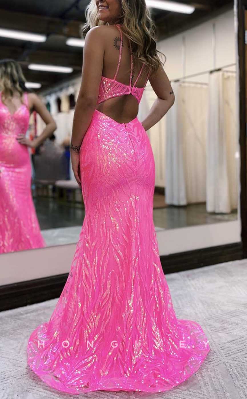 L2887 - Sexy V-Neck Spaghetti Straps Sequined Appliques Trumpet Party Prom Evening Dress - Fashionpara