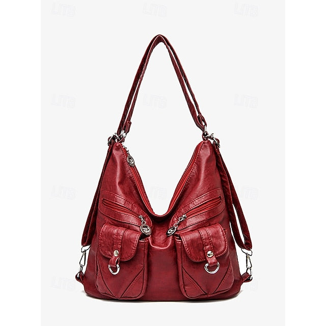 Brown Leather Bag Multiple Faux Pockets with Hobo