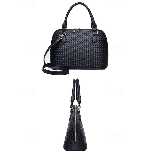 Handbag Set Brown Leather Woven 3-Piece Faux