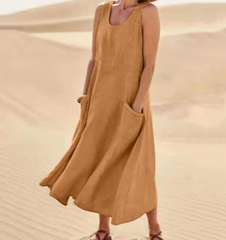 Scoop Neck Wide Strap Patch Pocket Diagonal A-Line Midi Dress - View 12