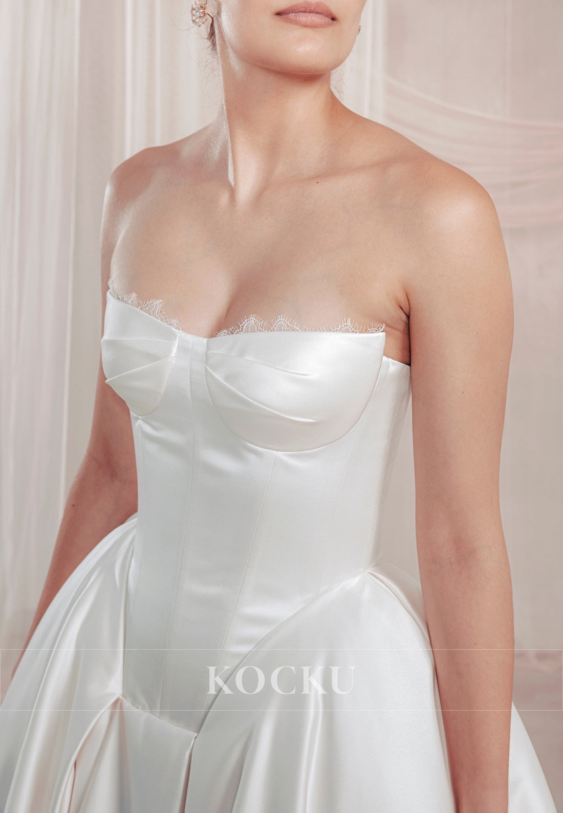 Strapless Satin Ball Gown Wedding Dress with Corset Bodice and Lace Detail