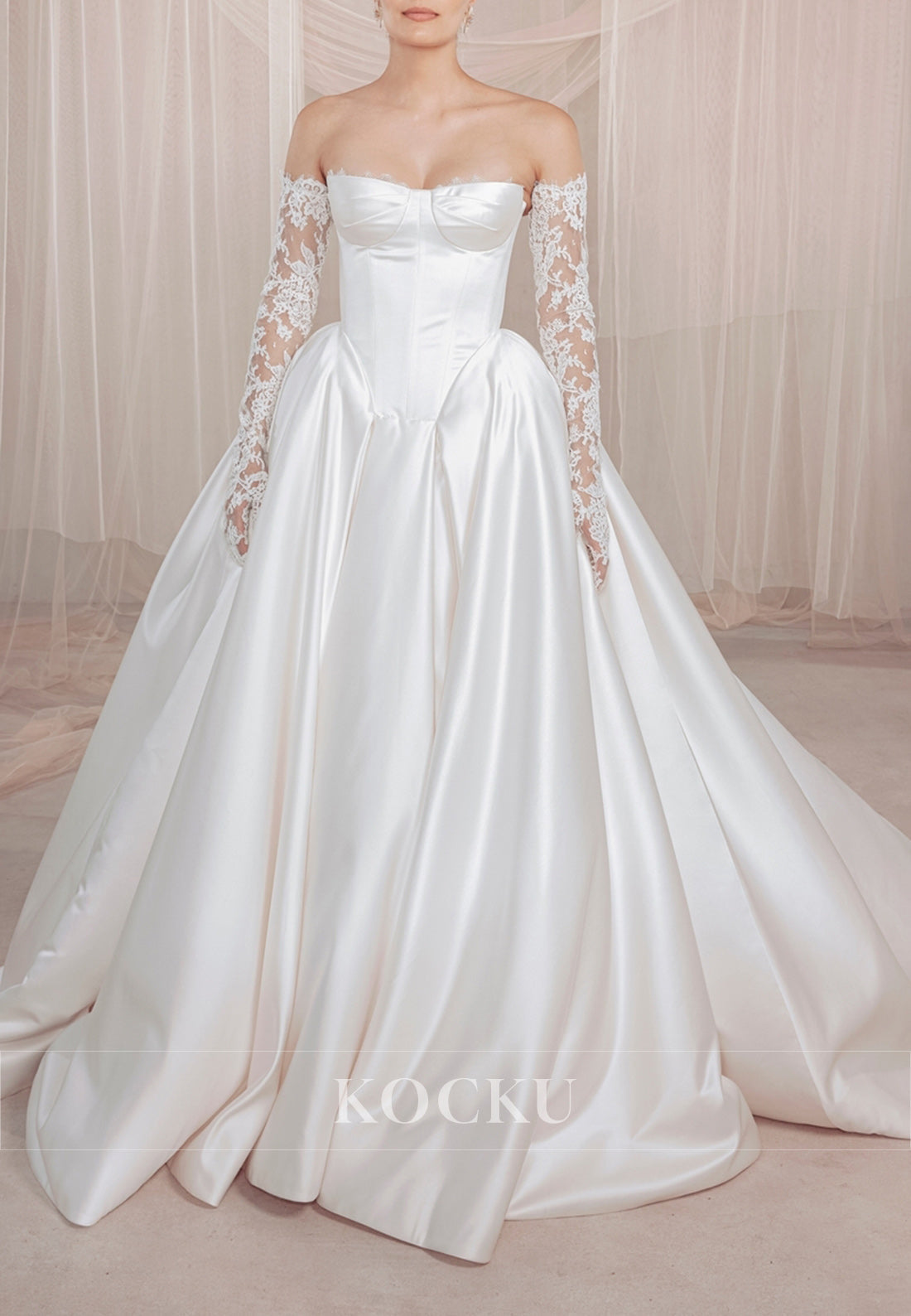 Strapless Satin Ball Gown Wedding Dress with Corset Bodice and Lace Detail