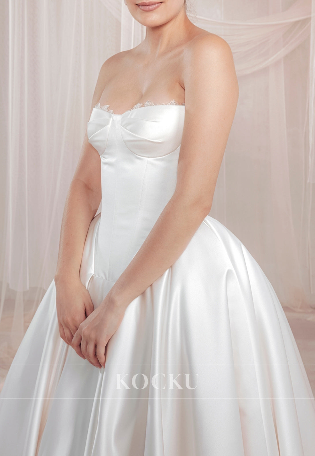 Strapless Satin Ball Gown Wedding Dress with Corset Bodice and Lace Detail