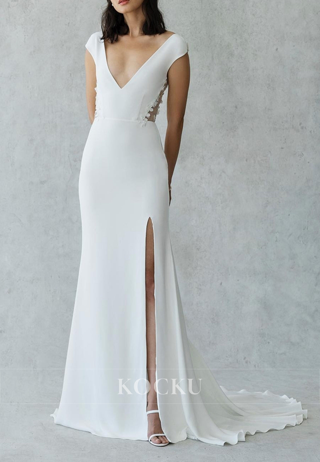 Elegant Mermaid Wedding Dress with Plunge V - Neck, Sheer Back & Side Slit