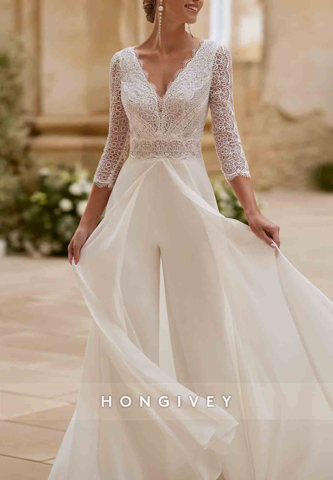 Lace 3/4 Sleeve Jumpsuit Floor-Length V Back Wedding Dresses