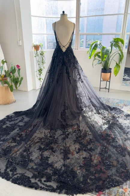 Unique Black Spaghetti Strap Sleeveless A-Line Lace Sequined Bridal Dress - Fashionpara