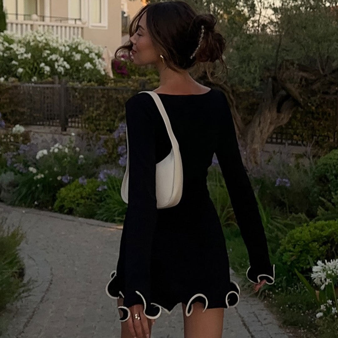 Boat Neck Long Sleeve Ruffle Hem Rib Knit Mini Dress