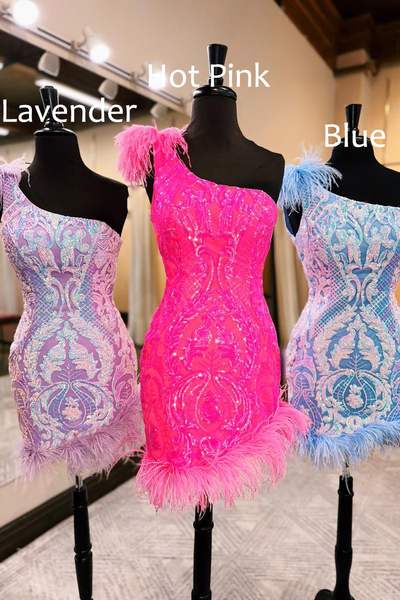 Unique Bodycon One-Shoulder Hot Pink Sequined Lace Short Homecoming Dress with Feathers - Fashionpara