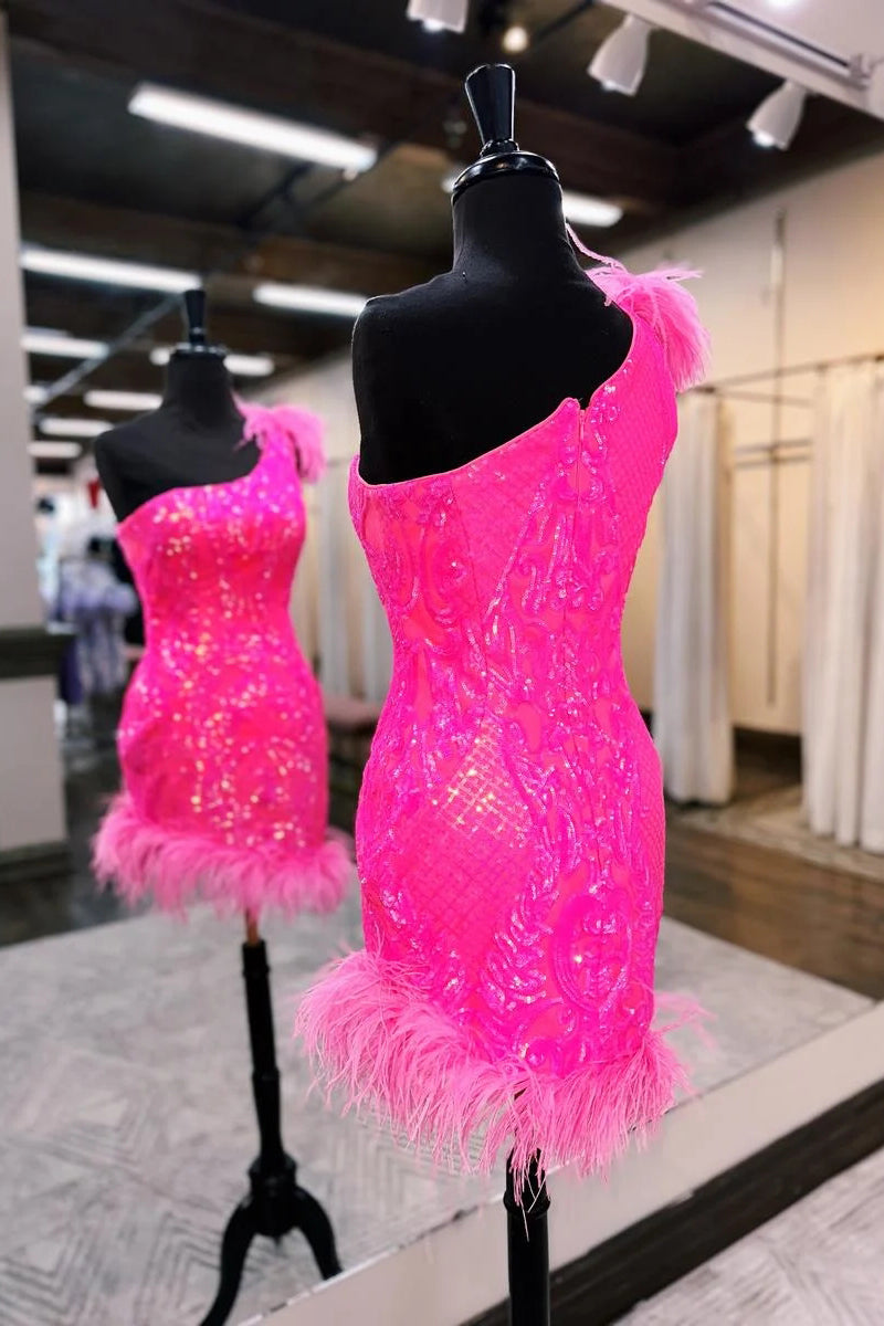 Unique Bodycon One-Shoulder Hot Pink Sequined Lace Short Homecoming Dress with Feathers - Fashionpara