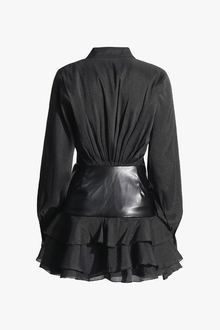 Unique Collar Button Up Ruched Leather Panel Ruffle Layered Mini Shirt Dress - Fashionpara