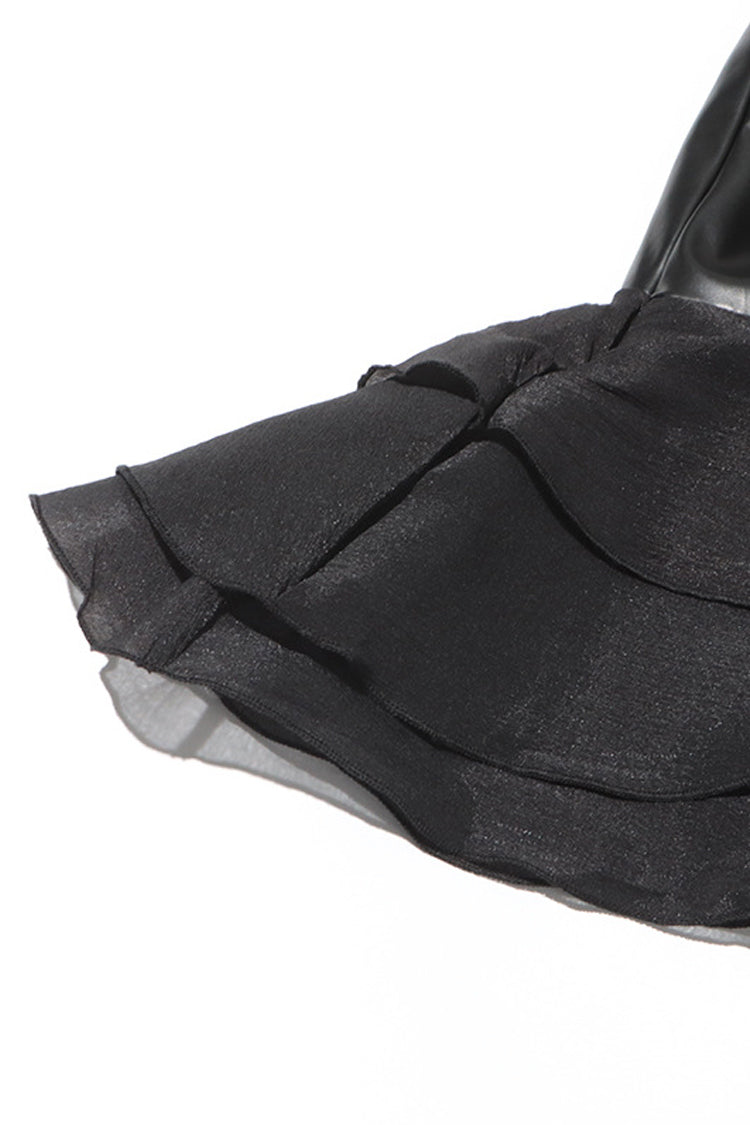 Unique Collar Button Up Ruched Leather Panel Ruffle Layered Mini Shirt Dress - Fashionpara