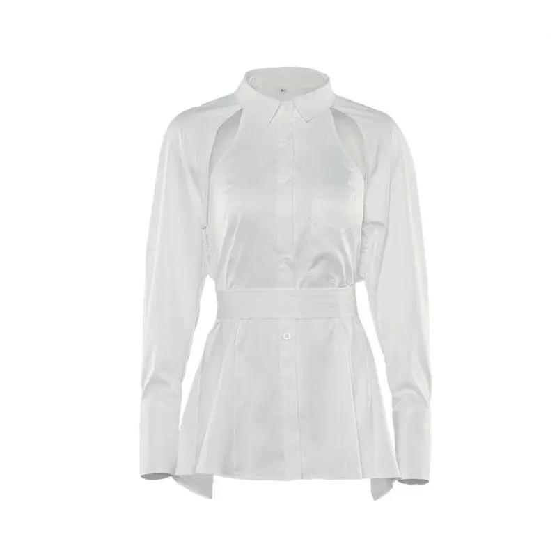 Unique Cut Out Back Tie Long Sleeve Button Up Blouse - White  Fashionpara