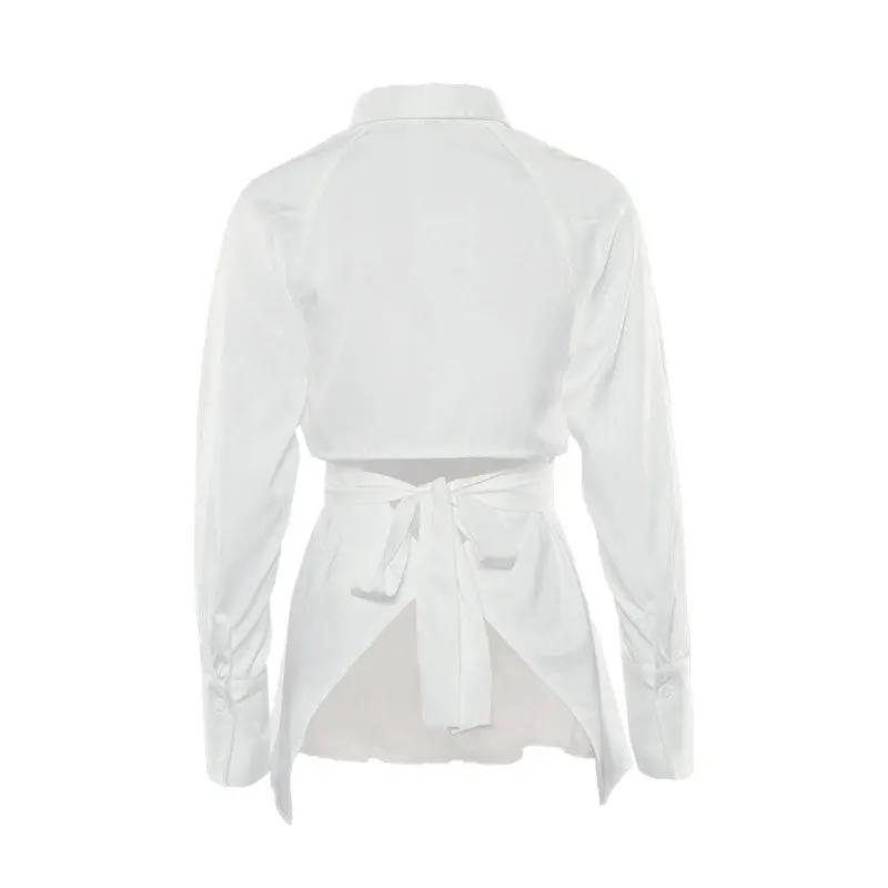 Unique Cut Out Back Tie Long Sleeve Button Up Blouse - White  Fashionpara