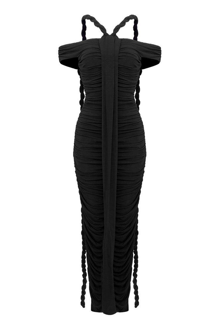 Unique Draped Rope Off Shoulder Ruched Bodycon Jersey Evening Maxi Dress