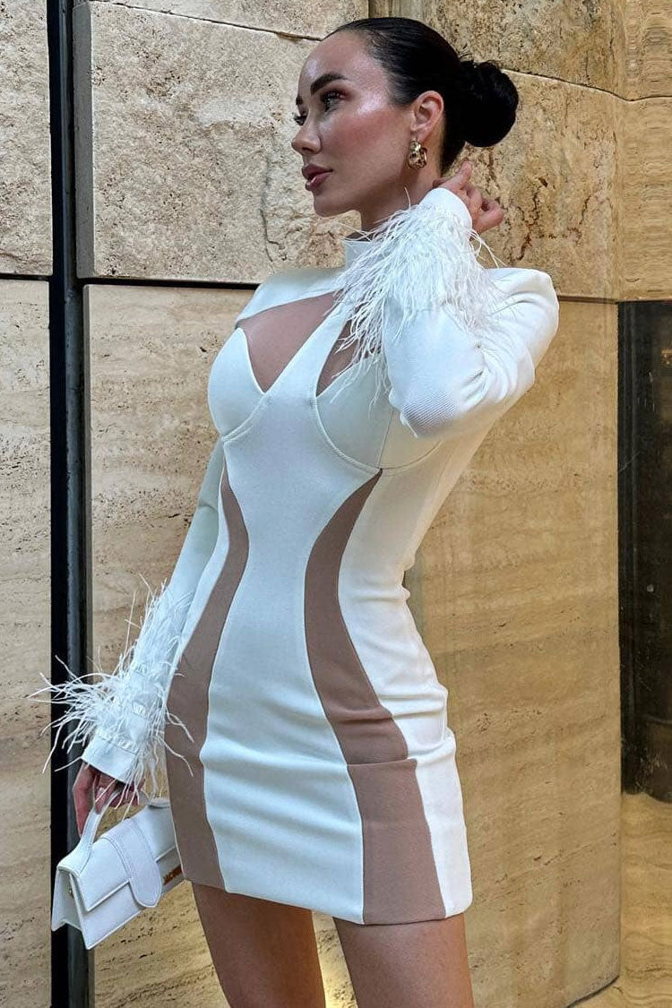 Unique High Neck Feather Trim Long Sleeve Mini Dress - White - View 2