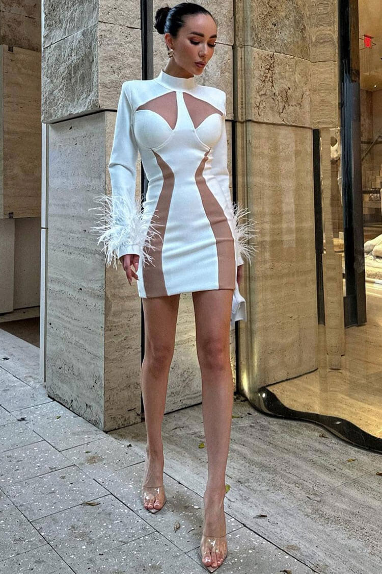 Unique High Neck Feather Trim Long Sleeve Mini Dress - White - View 4