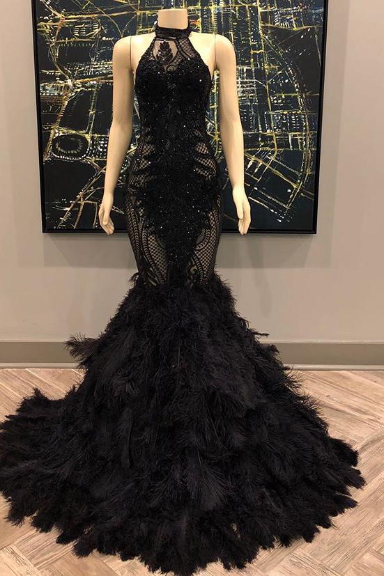 Unique Lace Appliques Halter Feather Prom Dresses Sleeveless Alluring Fit and Flare Evening Gowns