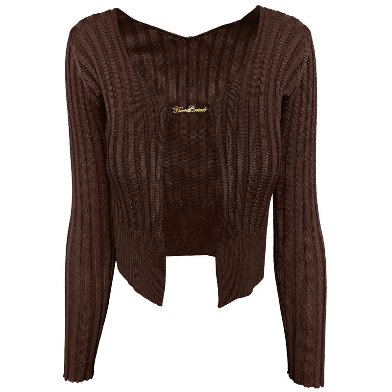 Trendy & Unique Ribbed Crop Cardigan in Coffee Color