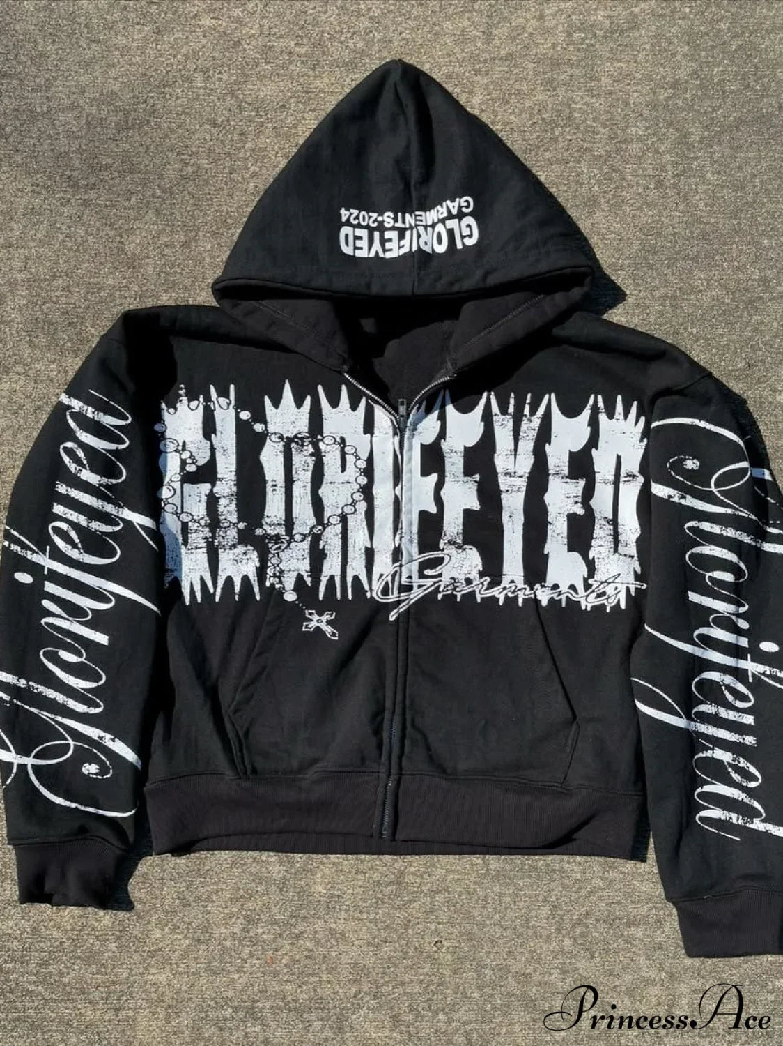Unique Letter Print Retro Street Zip Hoodie Black / XS