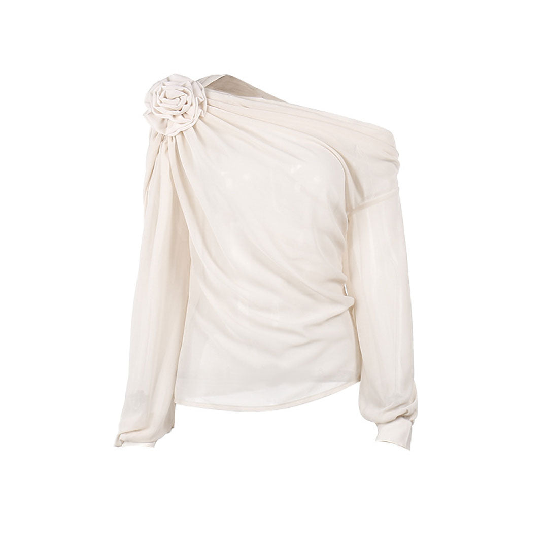 Unique One Shoulder Long Sleeve Chiffon Ruched Rosette Applique Blouse