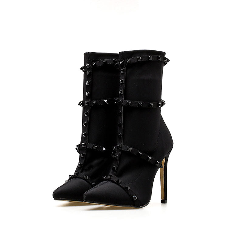 Unique Studs Strap Pointed Toe Stiletto Heel Mid Calf Boots - Black