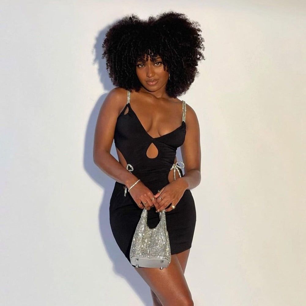 Rhinestone Spaghetti Strap Deep V-Neck Keyhole Bodycon Mini Dress