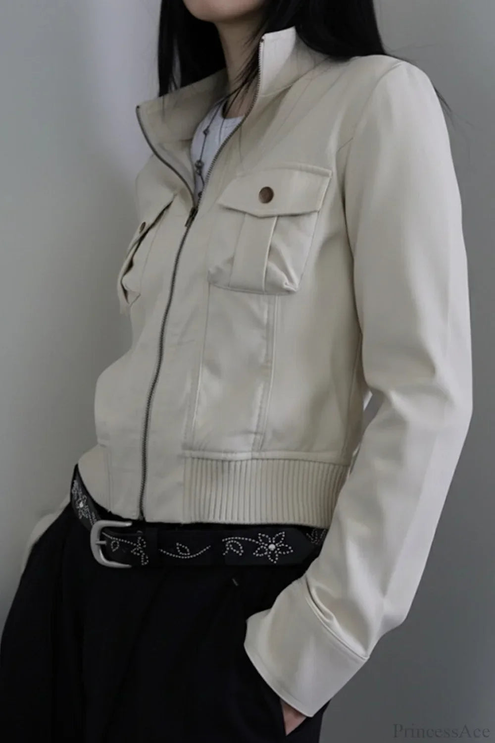 Utility Solid Color Pocket Stand Collar Waist Cinched Jacket 3
