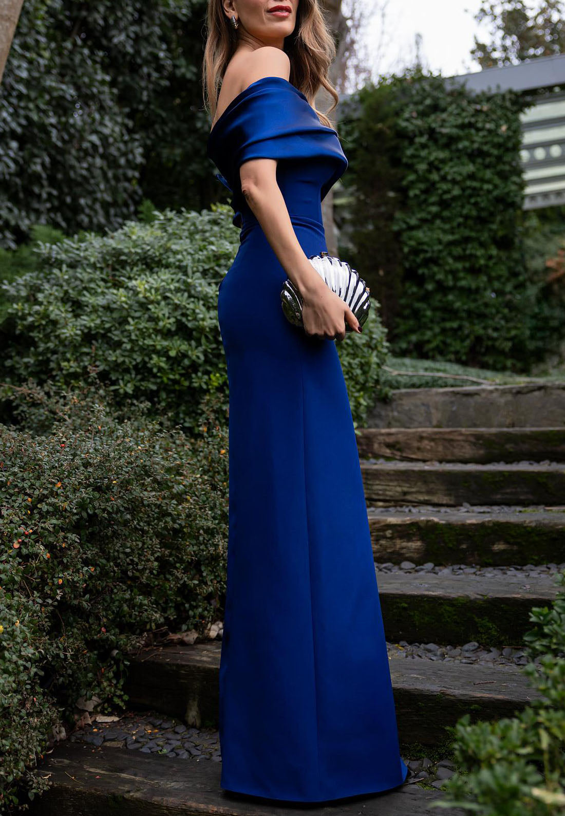High Slit Column Evening Gown Off the Shoulder Floor-Length Pleated Formal Dresses