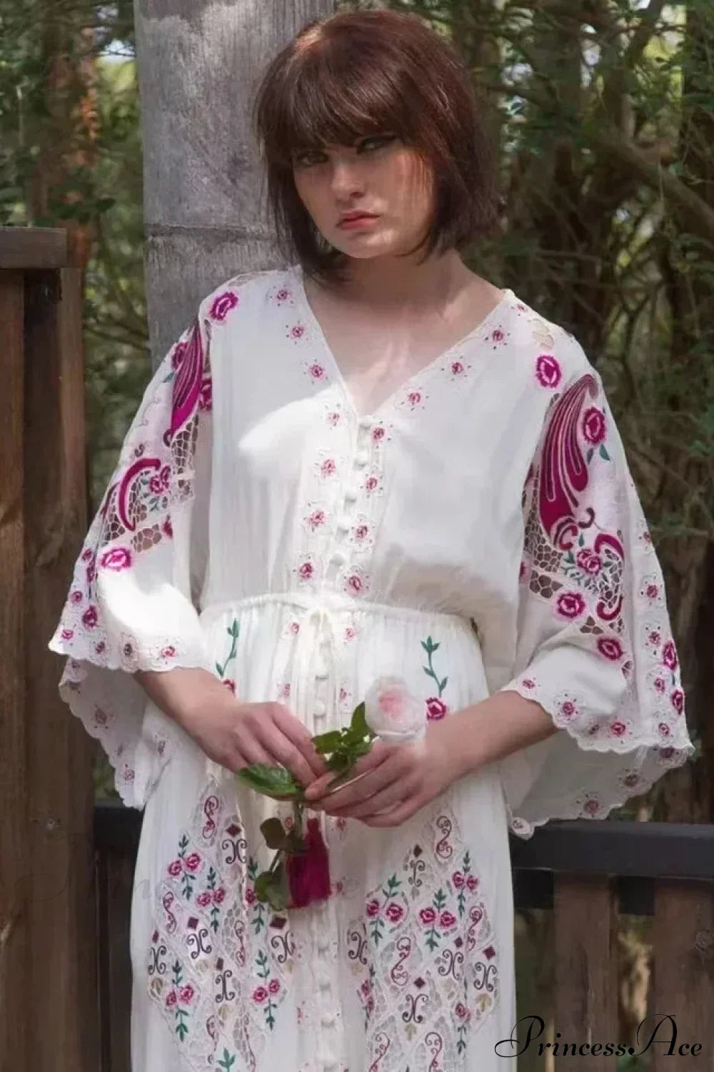 V Collar Embroidery Oversized Casual Cotton Boho Dress