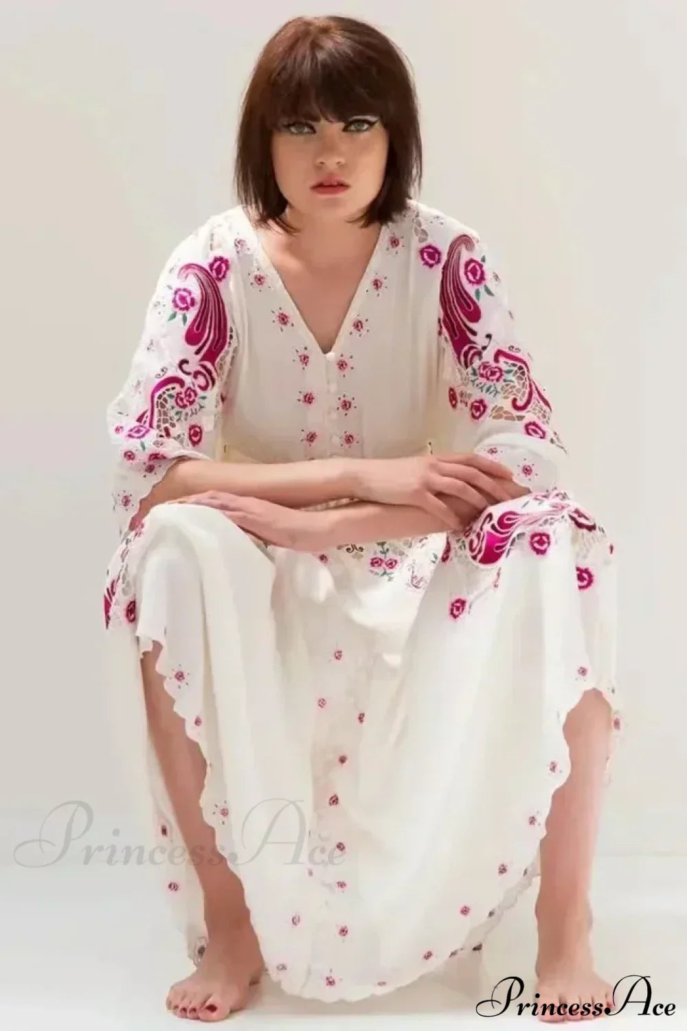 V Collar Embroidery Oversized Casual Cotton Boho Dress