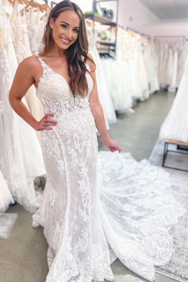 V-Neck Backless Wedding Dresses Mermaid With Lace - Fashionpara