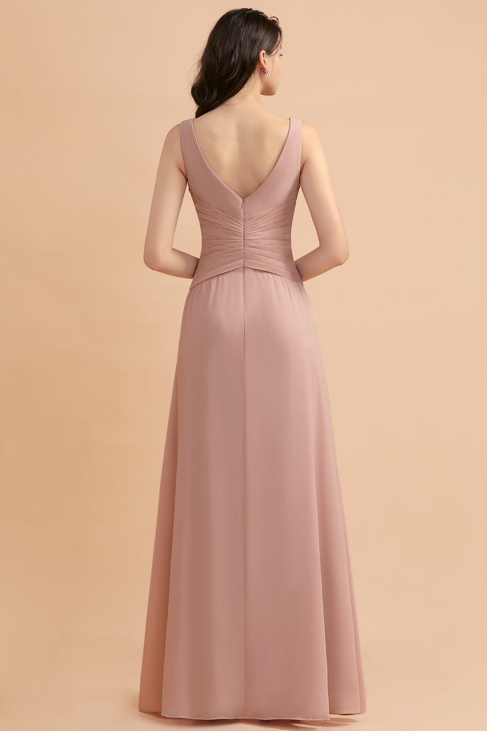 V-Neck Dusty Rose Chiffon Bridesmaid Dresses with Ruffles - Fashionpara