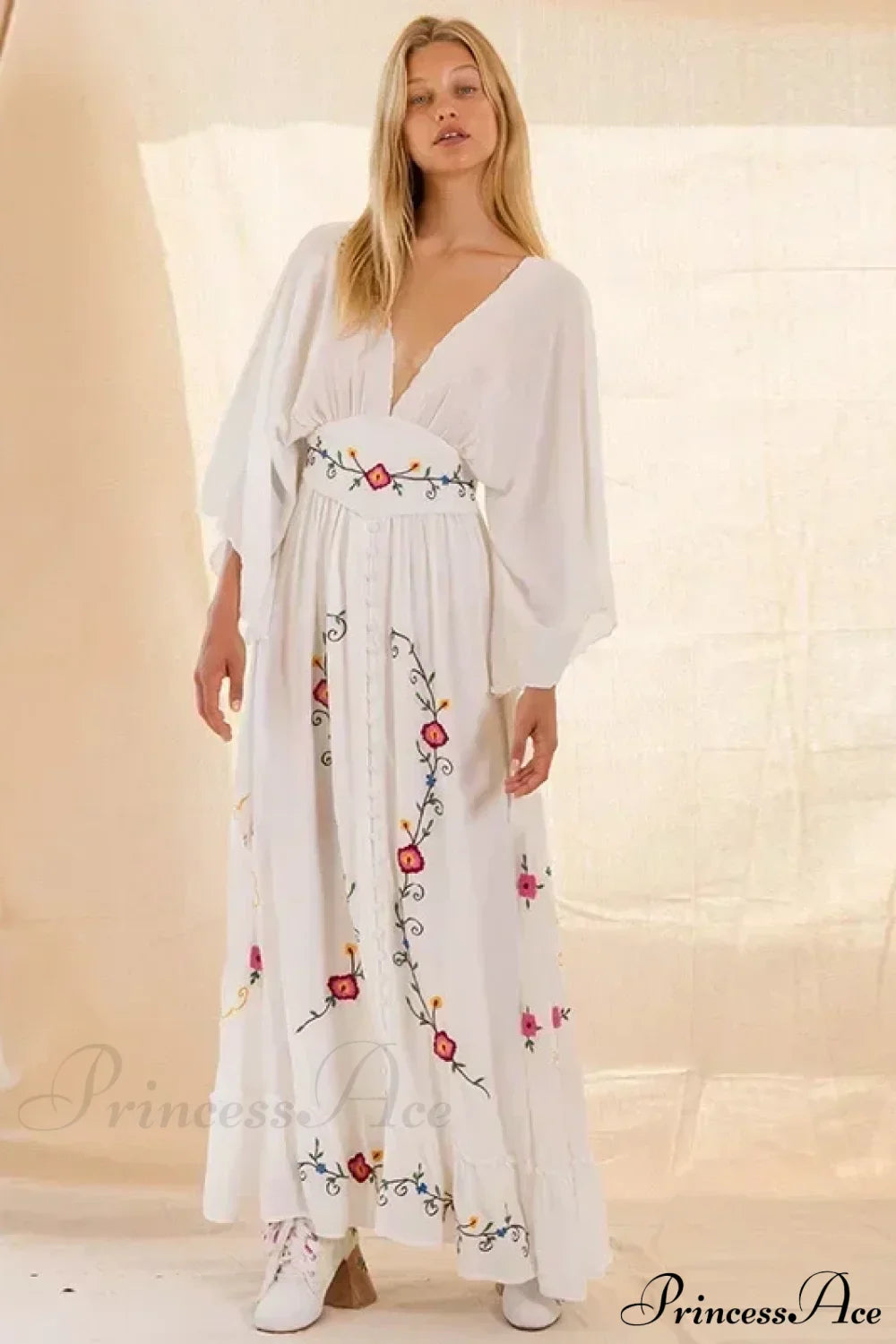 V-neck Embroidery Flower Retro National Boho Dress