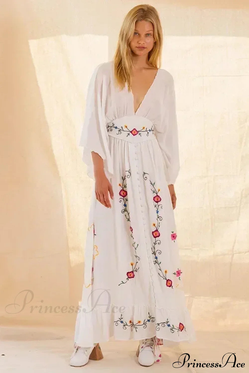 V-neck Embroidery Flower Retro National Boho Dress