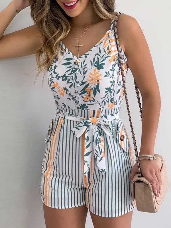 V-neck Leaf Print Tie Suspender Jumpsuit